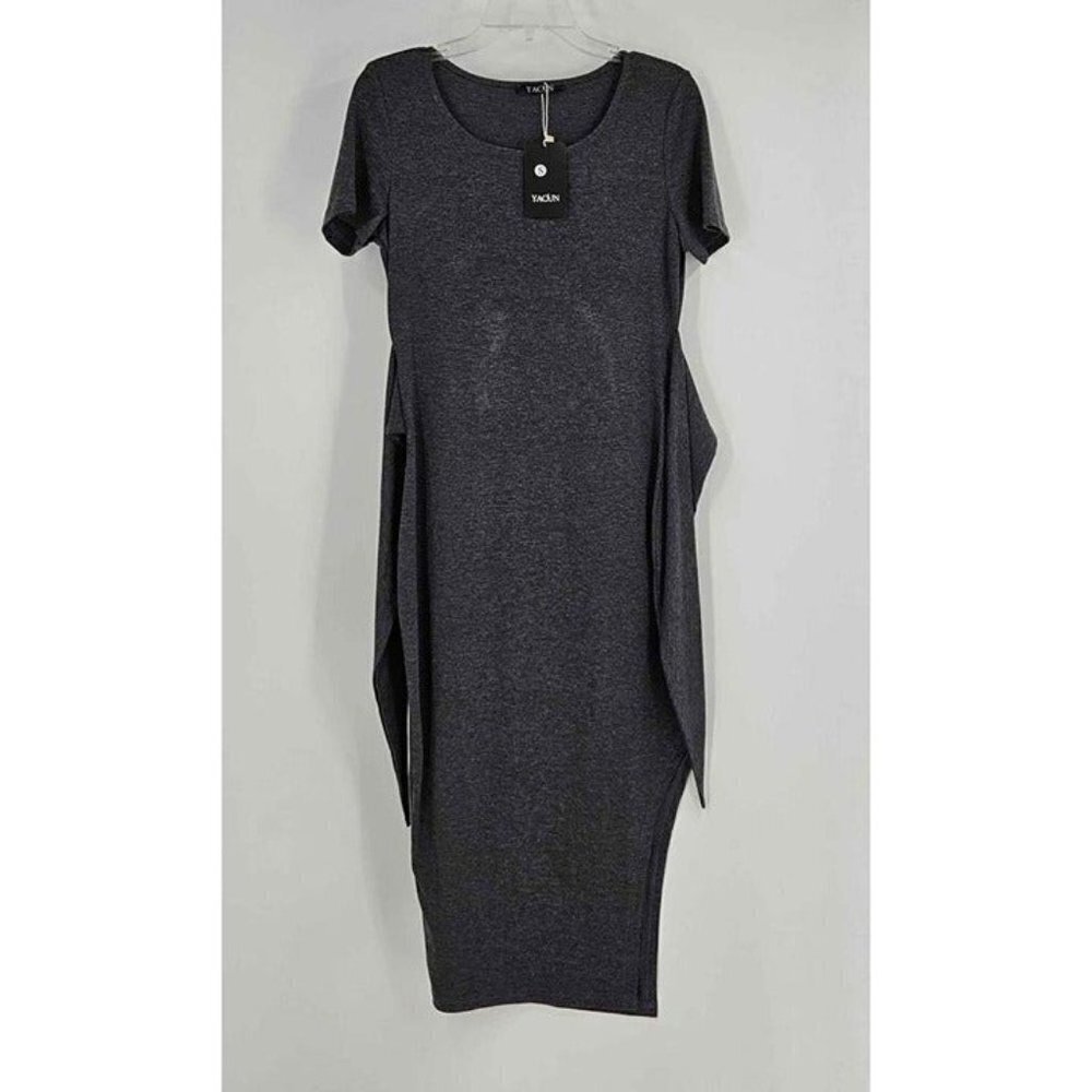 New Yacun Short Sleeve Bodycon Tie Front Stretch Pencil Dress w/Side Split Sz S